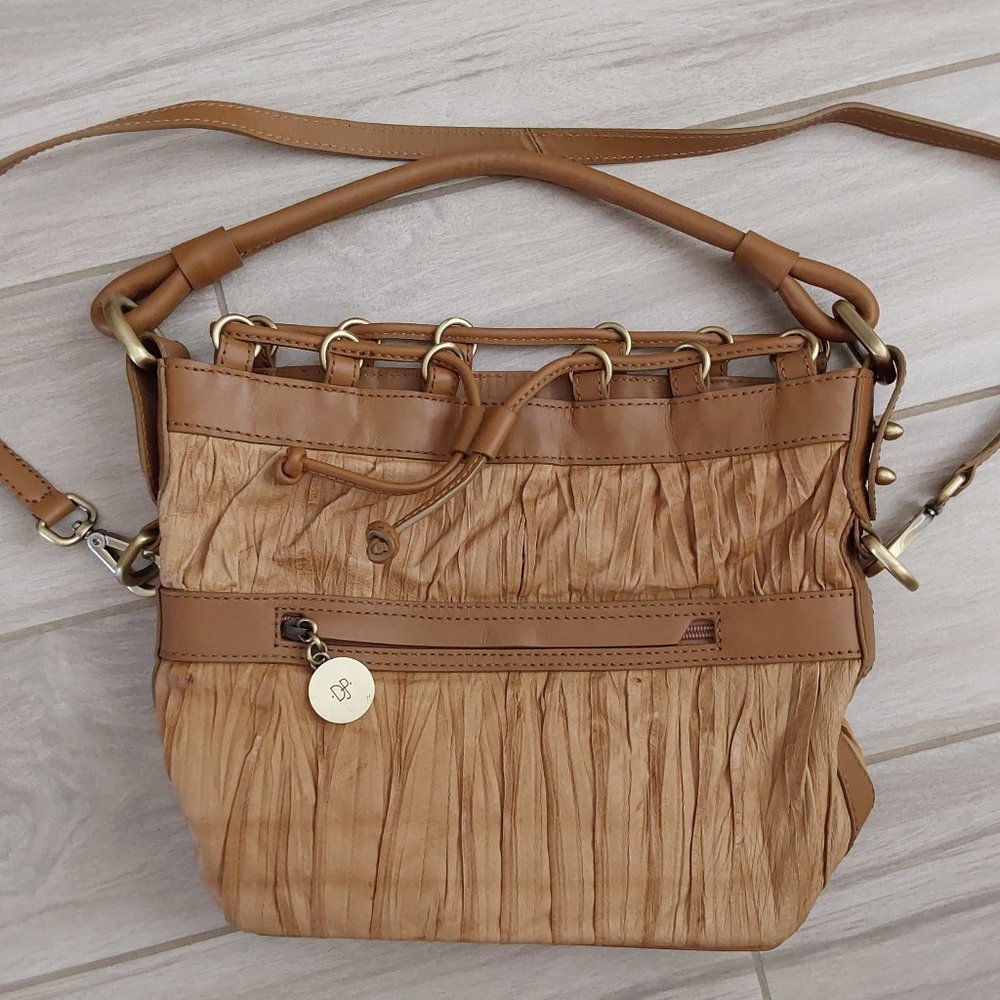 Donald J Pliner Camel Pleated Leather Crossbody Satchel Handbag.  Size 8.5xx4